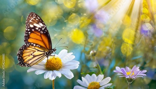 beautiful butterfly and flowers on a colorful blurred background © Pauline