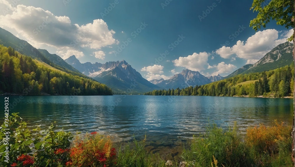 Colorful summer panorama of the lake with Mountain on background