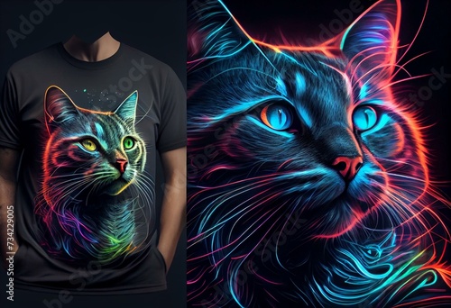 cool cat t-shirt neon colors. Illustrations AI Generative. Generative AI