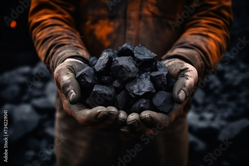 Top view miner holds coal palm, concept mining industry.