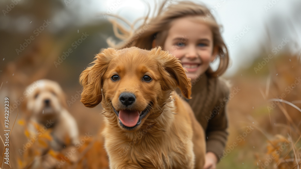 A cute young girl is playing happily and happily with a puppy.