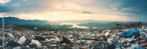 Concept banner global problem of plastic pollution. Garbage fills valley beneath serene sunset, highlighting environmental issues panorama.