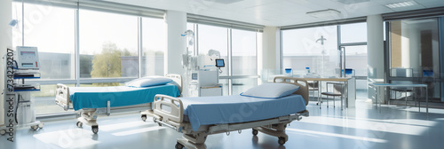 Bright, sunlit hospital room with medical equipment and empty bed, med banner interior.