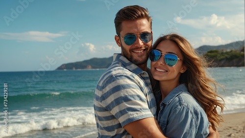 Couple, ocean and sunglasses with hug, happy or care for fashion, eye protection or vacation in summer © LIFE LINE