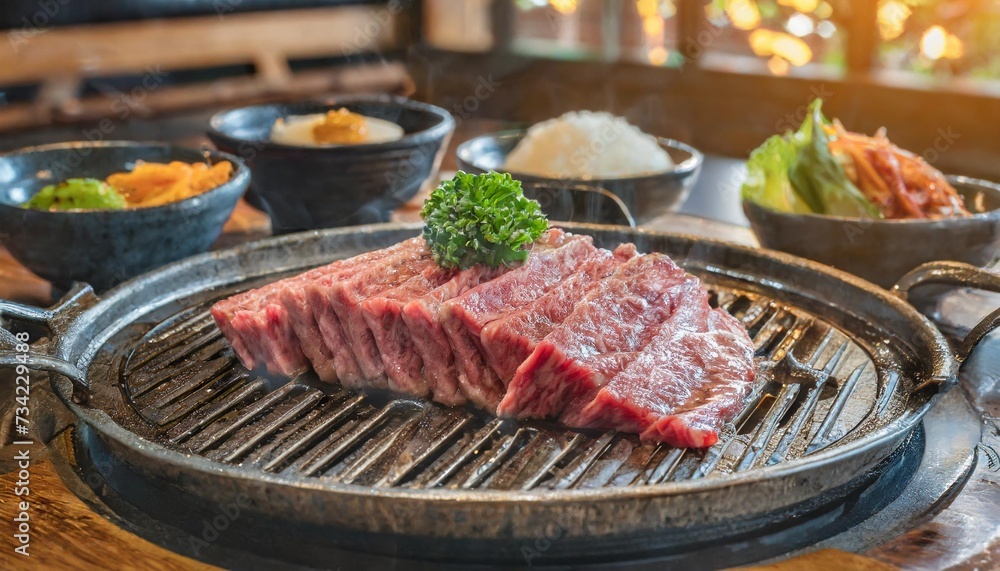 wagyu beef in plate on korean barbeque table in japanese restaurant
