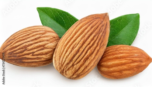 almonds nuts with leaves isolated on white background with clipping path and full depth of field top view flat lay