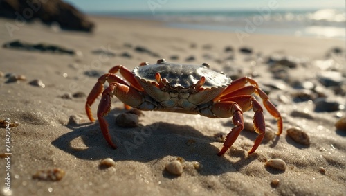 crab scuttling along the beach  its shell glinting in the sunlight as it explores the sandy shoreline