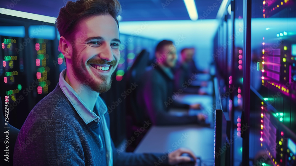 Smiling male IT technician working in server room data center Smiling male IT technician working in server room data center