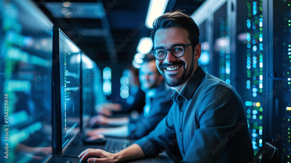 Smiling male IT technician working in server room data center Smiling male IT technician working in server room data center