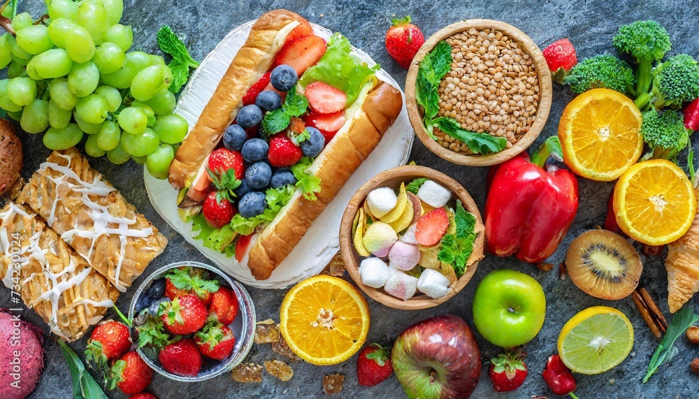 healthy and unhealthy food background from fruits and vegetables vs fast food sweets and pastry top view diet and detox against calorie and overweight lifestyle concept
