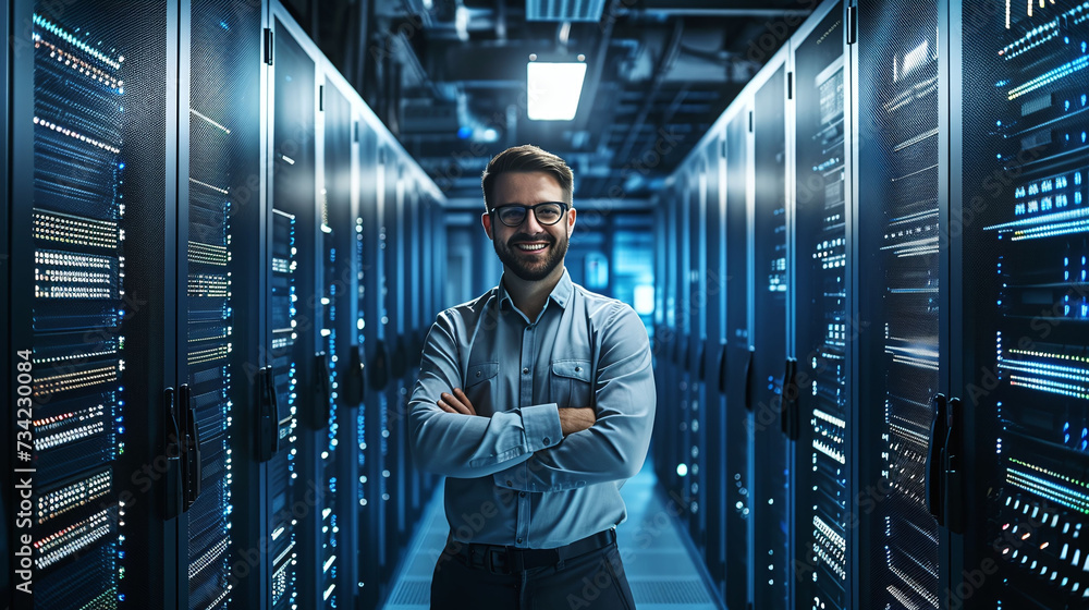 Fototapeta premium Confident IT engineer with glasses standing in server room data center arms crossed and smiling