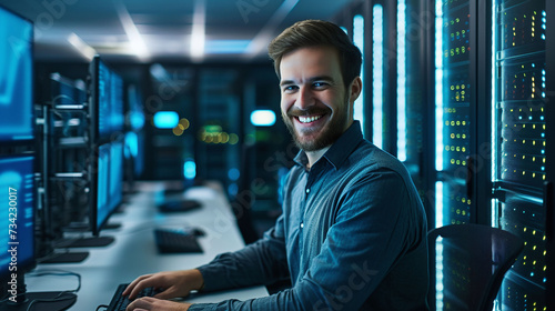 Smiling male IT technician working in server room data center © AI Factory