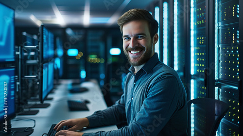 Smiling male IT technician working in server room data center