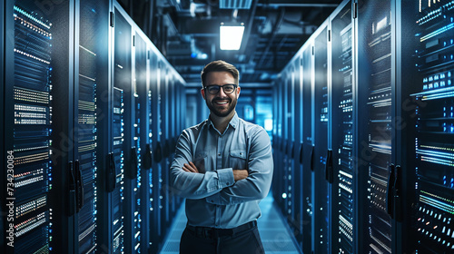 Confident IT engineer with glasses standing in server room data center arms crossed and smiling
