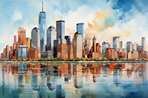 Panoramic view downtown skyscrapers city skyline Waterfront New York City and buildings landscape illustration background © pixeness