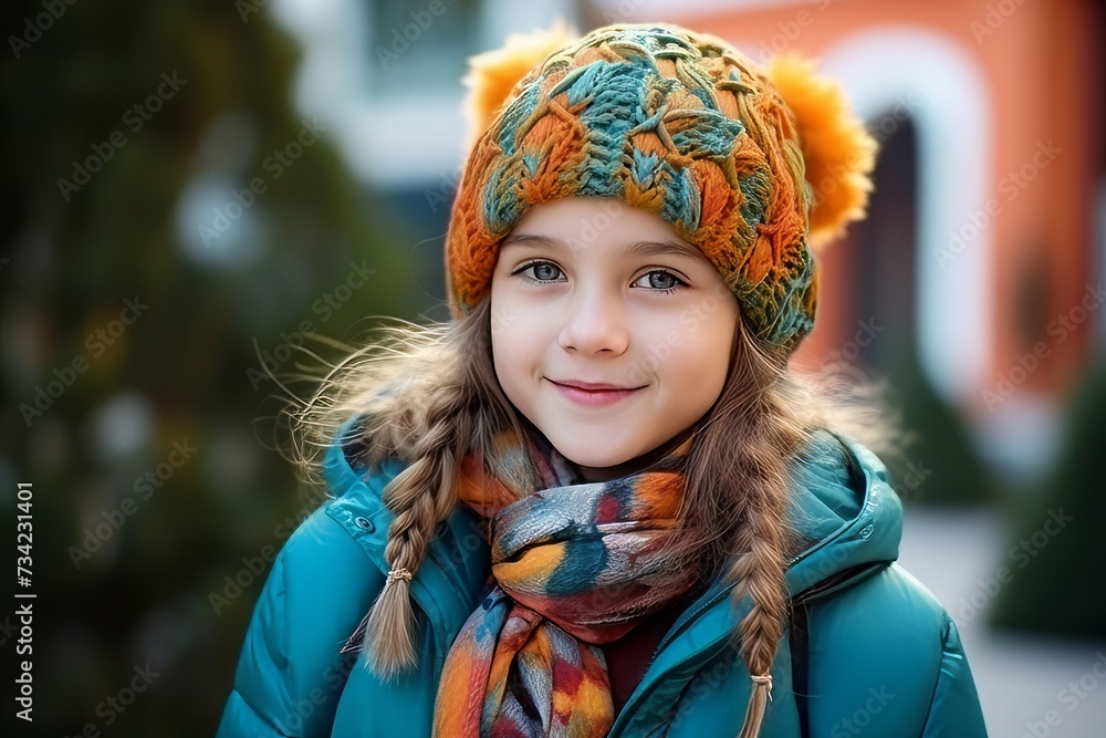 Outdoor portrait of cute little girl wearing warm hat and scarf, looking at camera Outdoor portrait of cute little girl wearing warm hat and scarf, looking at camera