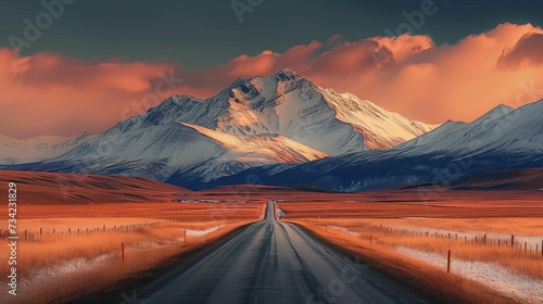  a long road in the middle of a field with snow covered mountains in the background and a person standing on the side of the road in the middle of the road.