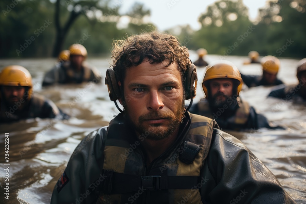 Fototapeta premium Exciting rescue of animals on flooded farm., generative IA