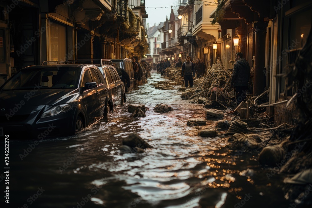 Flooded streets, submerged cars after flooding., generative IA Flooded streets, submerged cars after flooding., generative IA