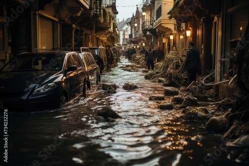 Flooded streets  submerged cars after flooding.  generative IA