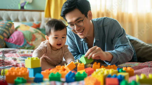 young child and a man, presumably his father, are engaged in play, surrounded by colorful building blocks