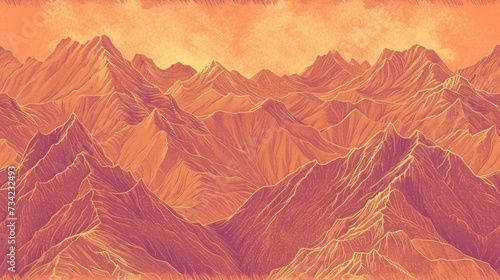  a drawing of a mountain range with a red sky in the background and a yellow sky in the middle of the mountain range with a red sky in the foreground.