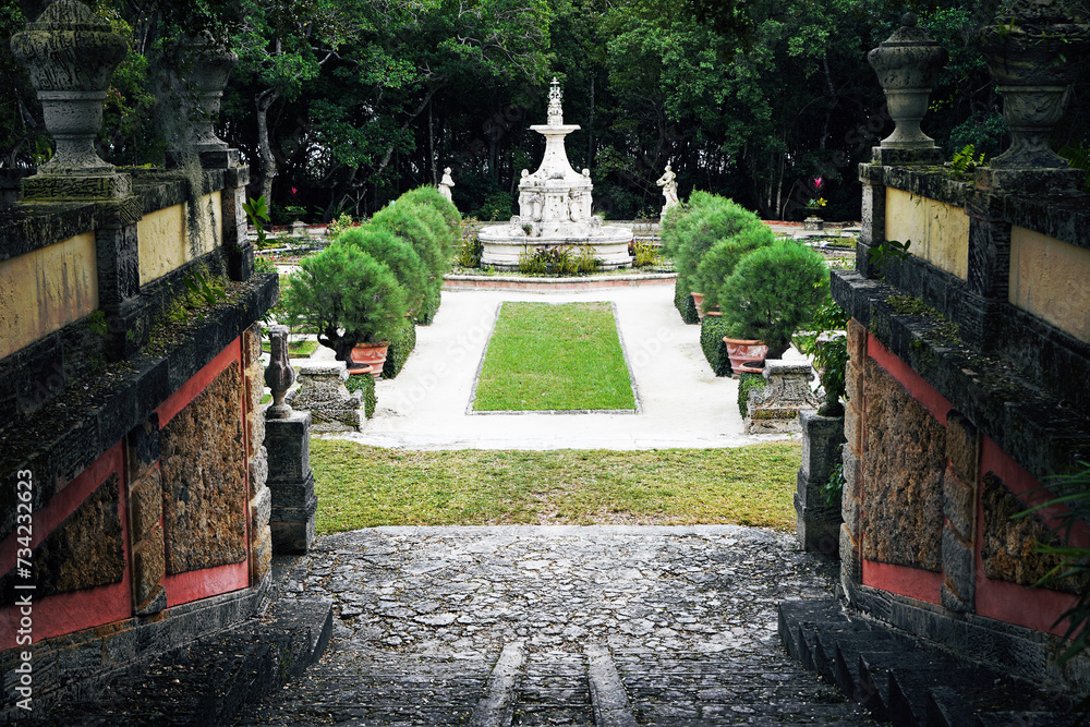 A fountain in the gardens at the historic Vizcaya museum in Miami
