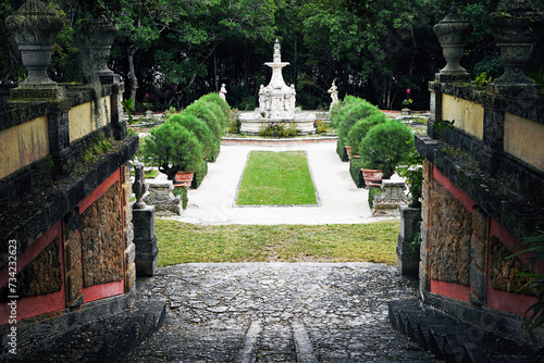 A fountain in the gardens at the historic Vizcaya museum in Miami photo