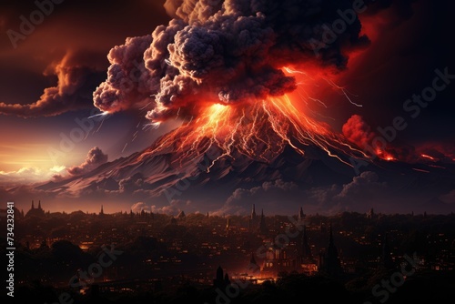 Volcanic explosion illuminates cloud of ash with lightning.  generative IA