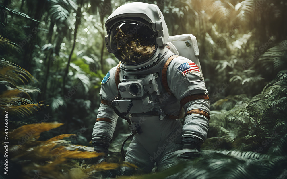 Astronaut in a jungle, cold color palette, muted colors