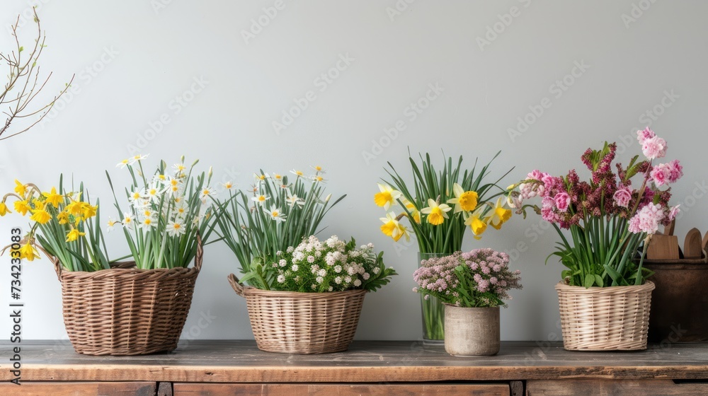  a row of baskets filled with flowers sitting on top of a wooden table on top of a wooden table with a white wall behind the basket is filled with flowers.