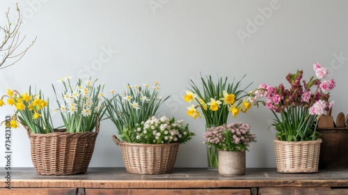  a row of baskets filled with flowers sitting on top of a wooden table on top of a wooden table with a white wall behind the basket is filled with flowers.