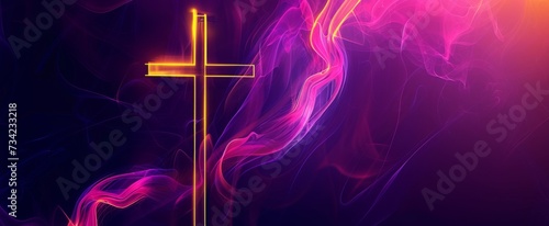a cross is on a violet, purple and brightly lit background with copy space Generative AI