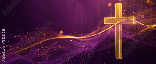 an image of a bright gold cross on purple background with copy space Generative AI photo