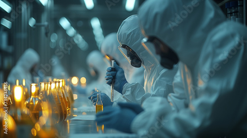 Team of Research Scientists in Sterile Suits Working with Industrial Machinery in the Laboratory