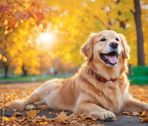 Happy golden retriever dog siting on the autumn leaves in a park at sunset . 