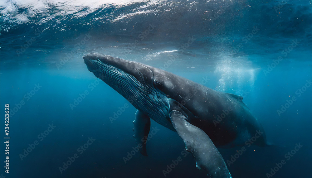 Naklejka premium Blue whale under water in ocean.