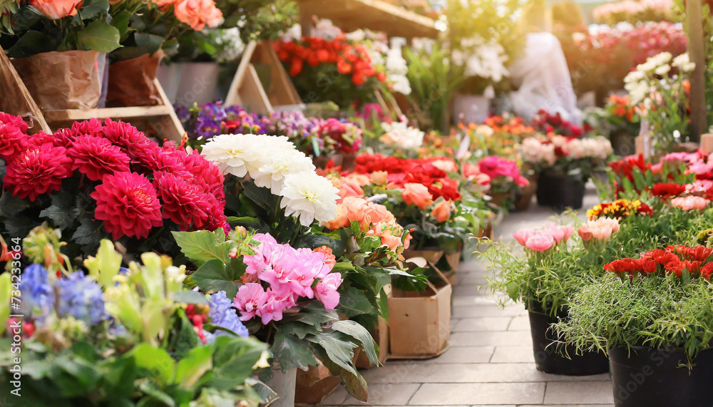 Bright flower market with a variety of blooming colorful flowers.	