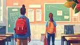 Back to school concept. Students with schoolbag standing in the school hall as seen from the back.