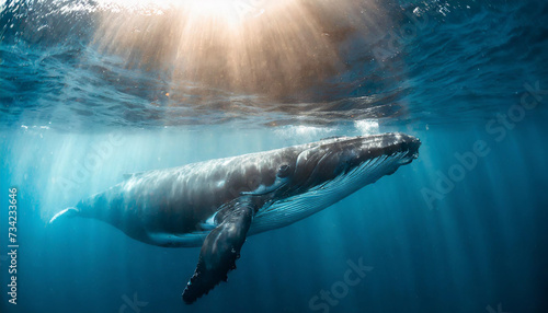 Blue whale under water in ocean.