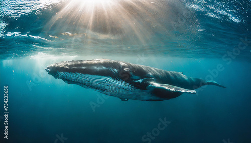 Blue whale under water in ocean. 