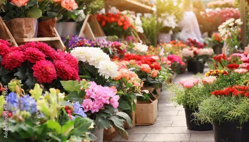 Bright flower market with a variety of blooming colorful flowers.	