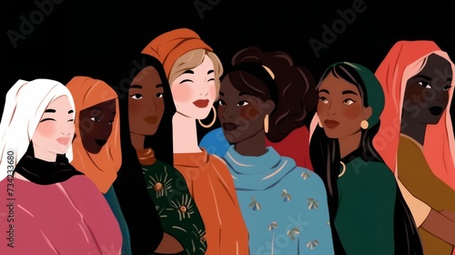 Feminist activists. Women of different ethnicities and cultures side by side together. Strong girls support each other. Ladies of different ages looking forward while standing together