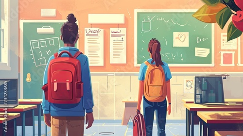 Back to school concept. Students with schoolbag standing in the school hall as seen from the back. photo