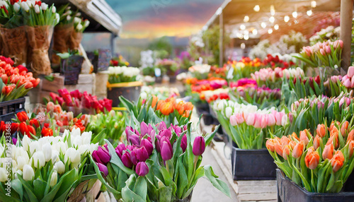 Bright flower market with a variety of blooming colorful tulips. 