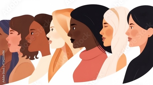 Feminist activists. Women of different ethnicities and cultures side by side together. Strong girls support each other. Ladies of different ages looking forward while standing together