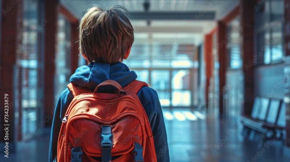 Back to school concept. Schoolboy with schoolbag standing in the school hall as seen from the back. Back to school concept. Schoolboy with schoolbag standing in the school hall as seen from the back.