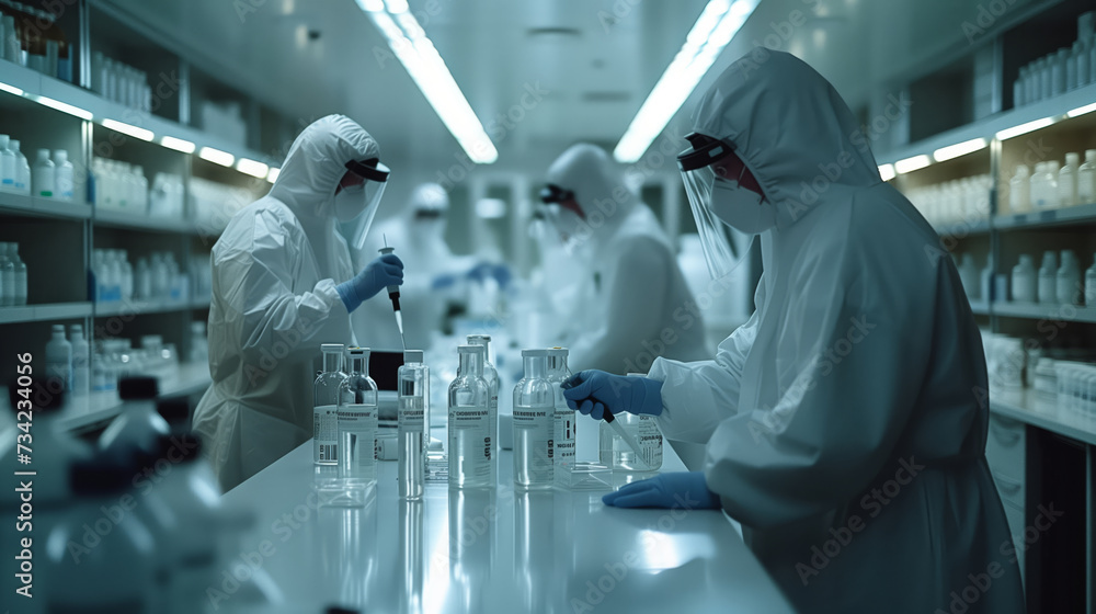 Team of Research Scientists in Sterile Suits Working with Industrial Machinery in the Laboratory Team of Research Scientists in Sterile Suits Working with Industrial Machinery in the Laboratory