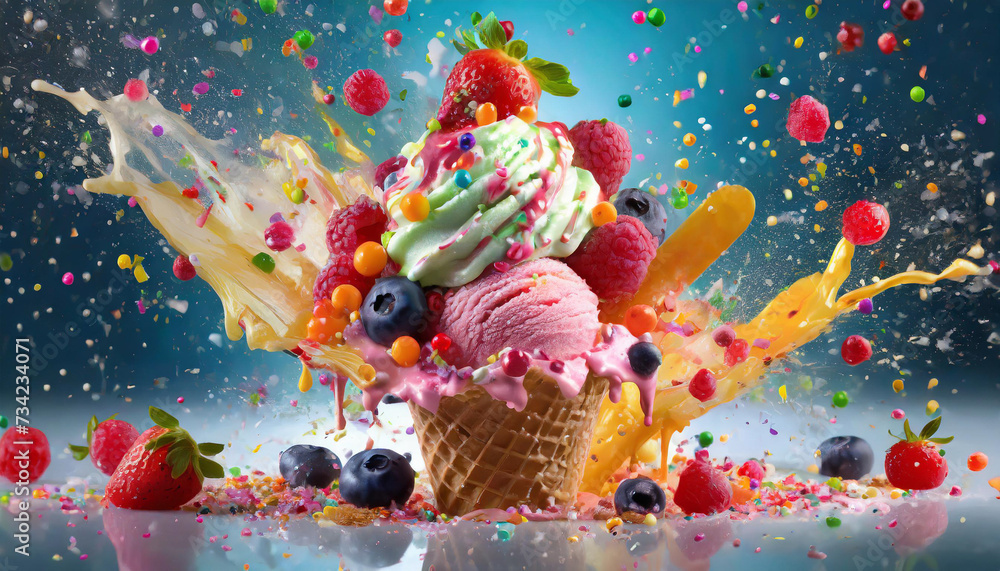 Delicious ice cream explosion with fruit and syrup bubbles and sprinkles	