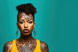 Young woman with face and neck tattoos serious face portrait